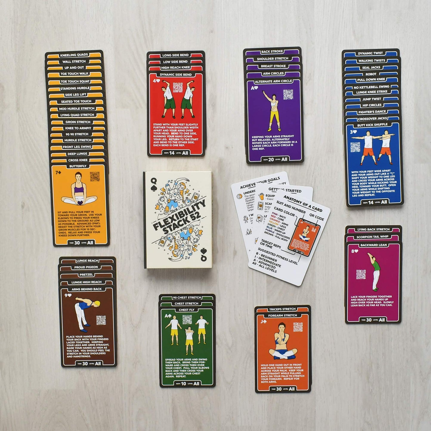 Stack 52 Flexibility Exercise Cards. Learn Static and Dynamic Stretches.