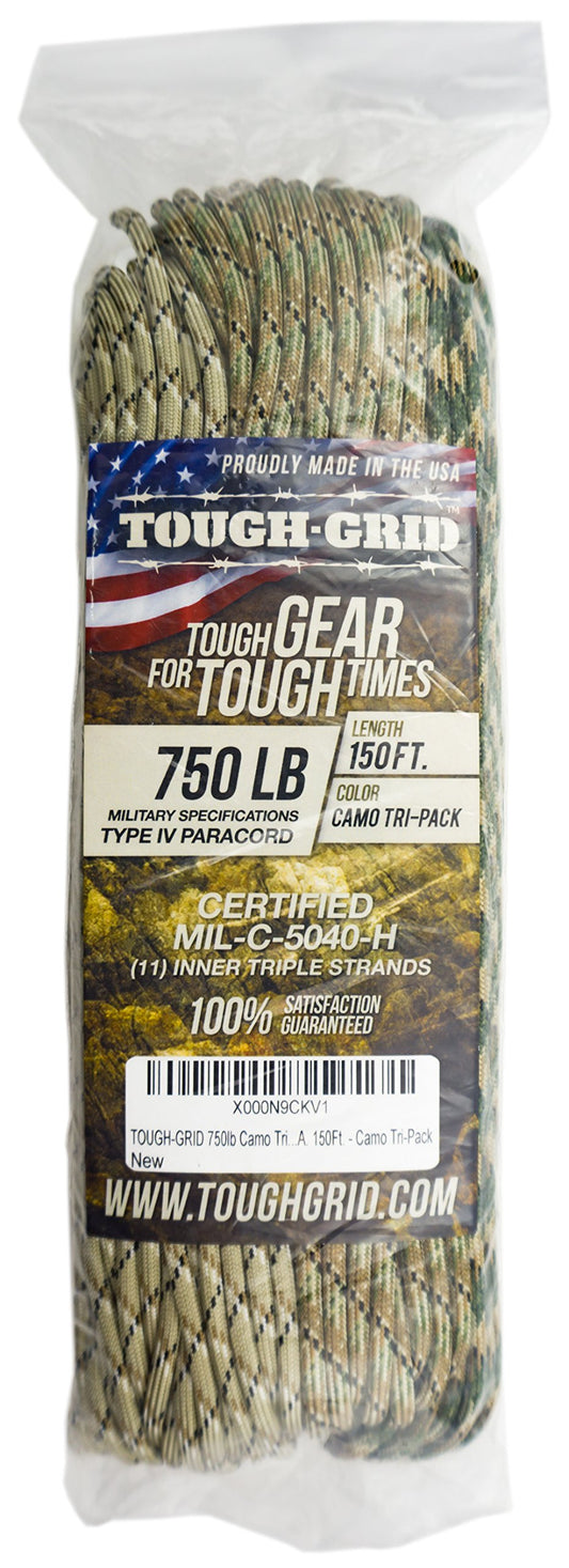 TOUGH-GRID Premium 750lb Paracord - 100% Nylon Type IV Mil-Spec - UV & Abrasion Resistant - Heavy Duty Strands - Outdoor Survival - Used by US Military - 150 ft - Camo (Tri-Pack)