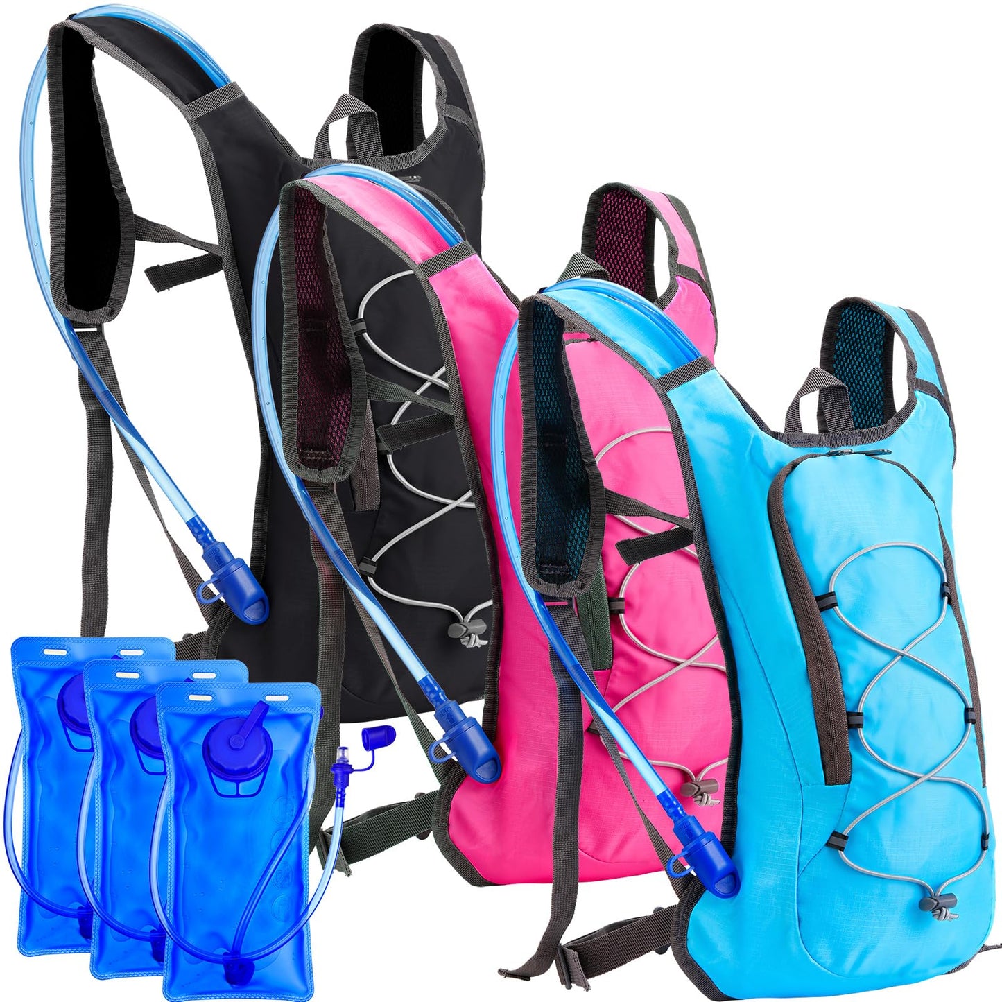 Cunno 3 Pcs Hydration Backpack with 3 Pcs 2L Water Bladder Water Backpack Hydration Pack Hydration Bladder for Camping Hiking Cycling Running Climbing Biking (Black, Blue, Pink)