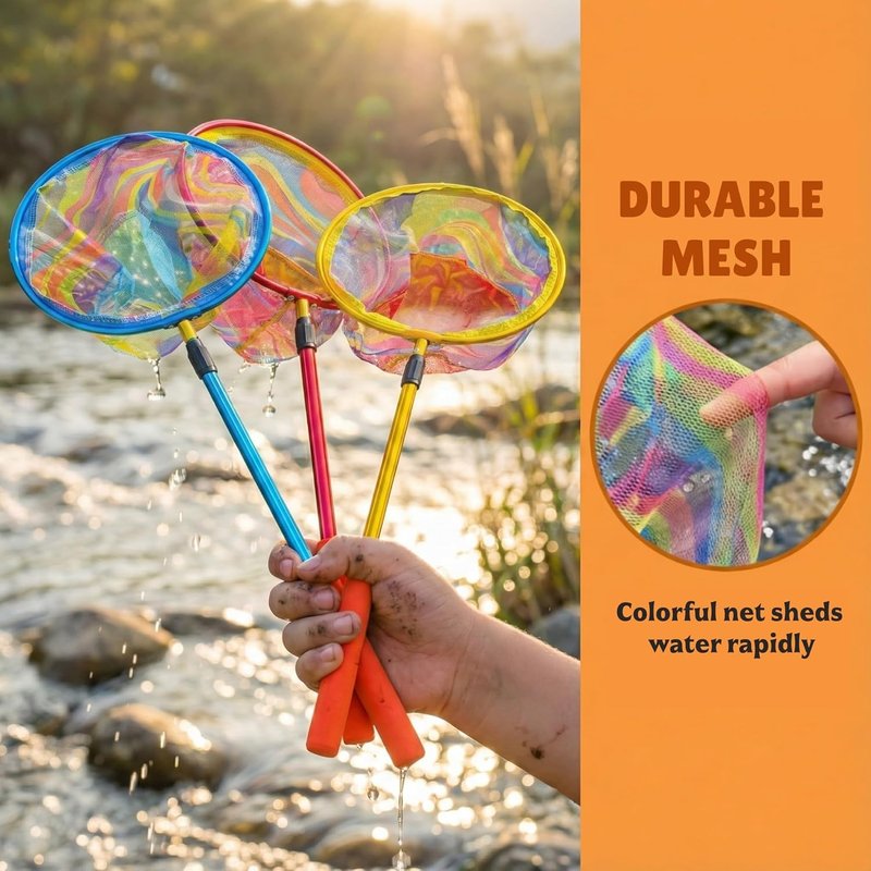 Fishing Net with Bucket - 3 Pack Retractable Lightweight Landing Nets for Kids | Aluminum Rod Handle, Perfect for Catch and Release