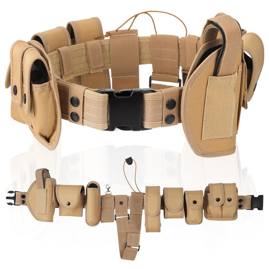 abcGoodefg Modular Equipment System Security Utility Tactical Duty Belt with Components Pouches Bags Holster Gear for Law Enforcement Guard Security Hunting (10 PCS, Khaki)