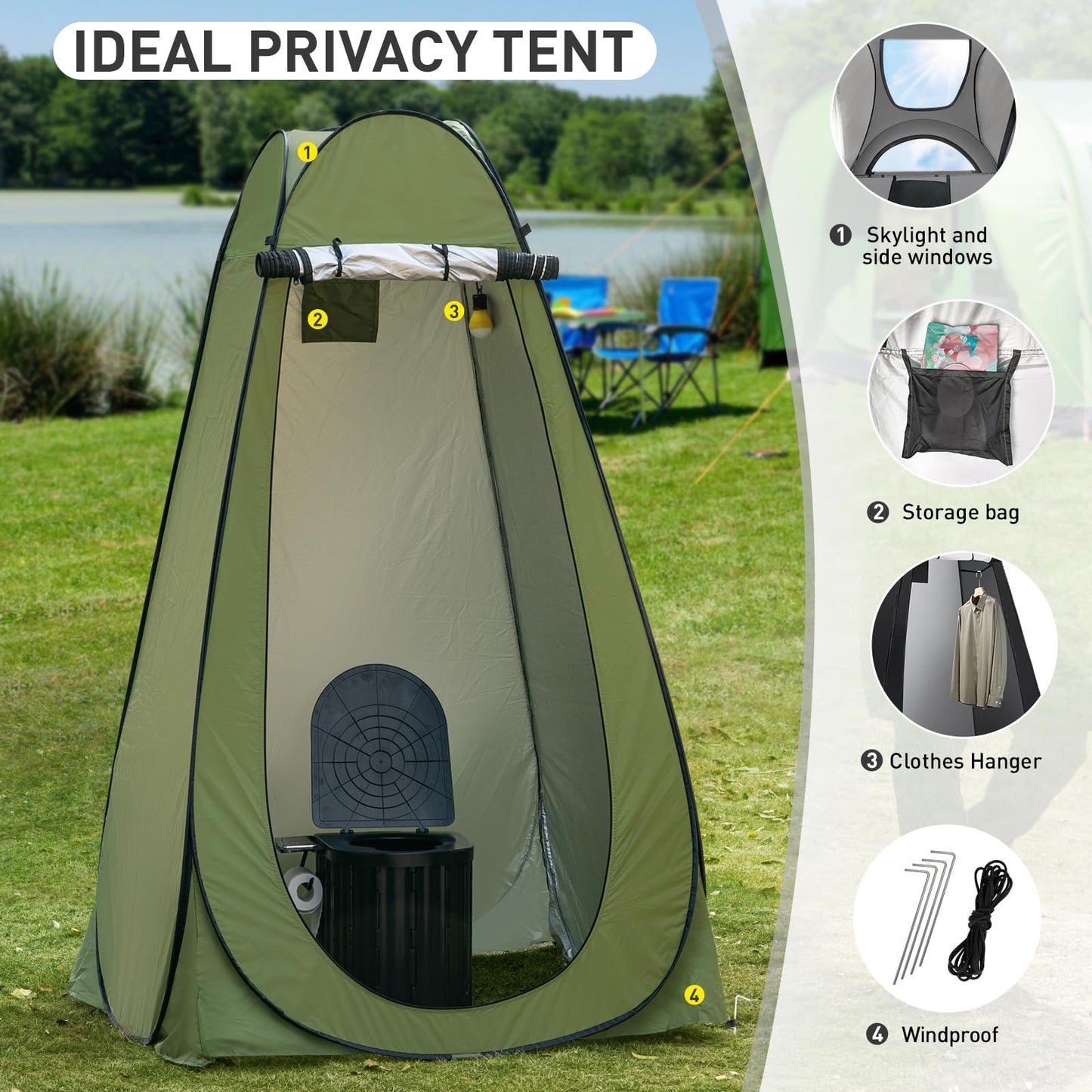 Thallike Portable Camping Toilet with Pop-Up Privacy Tent, 12-inch Toilet Seat, Outdoor Portable Folding Toilet Potty for Adults Load Capacity of 400 Lbs, LED-Light Camping Bathroom (Army Green)