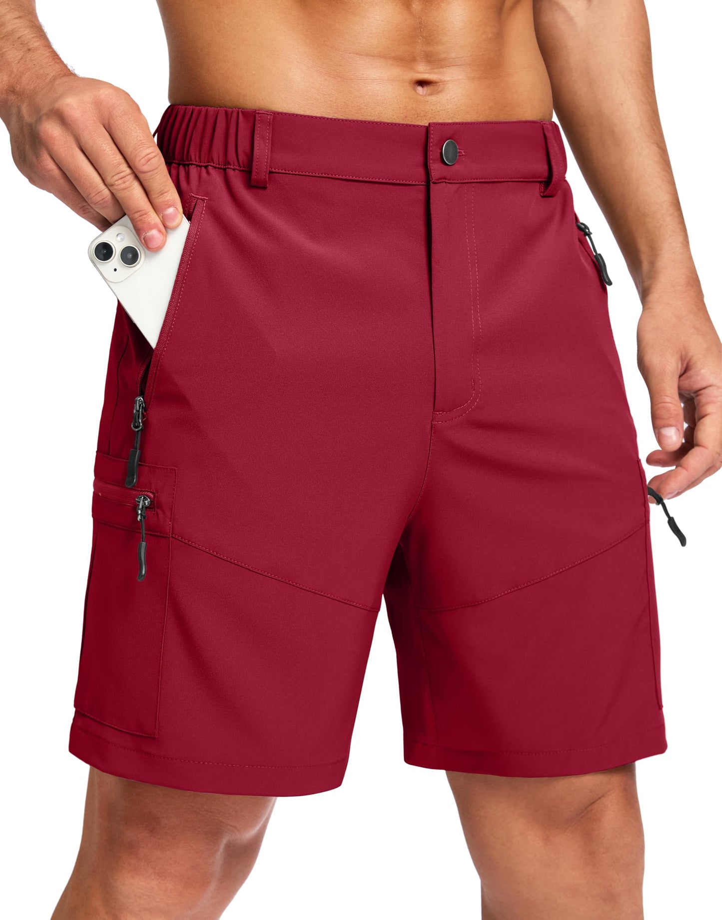 Pudolla Men's Hiking Cargo Shorts Lightweight 7" Travel Casual Shorts for Men Golf Work Outdoor with 5 Zipper Pockets(Red XX-Large)