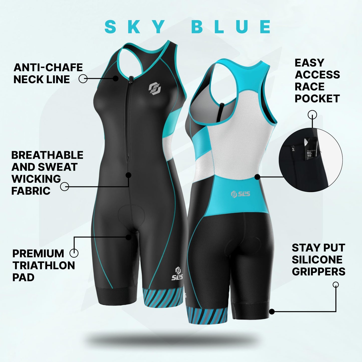 SLS3 Triathlon Suits Women – Sleeveless Trisuit Women - Premium FX Fabric, Tri Suit Womens Triathlon Suit, No Shelf Bra (Sky Blue, Large)