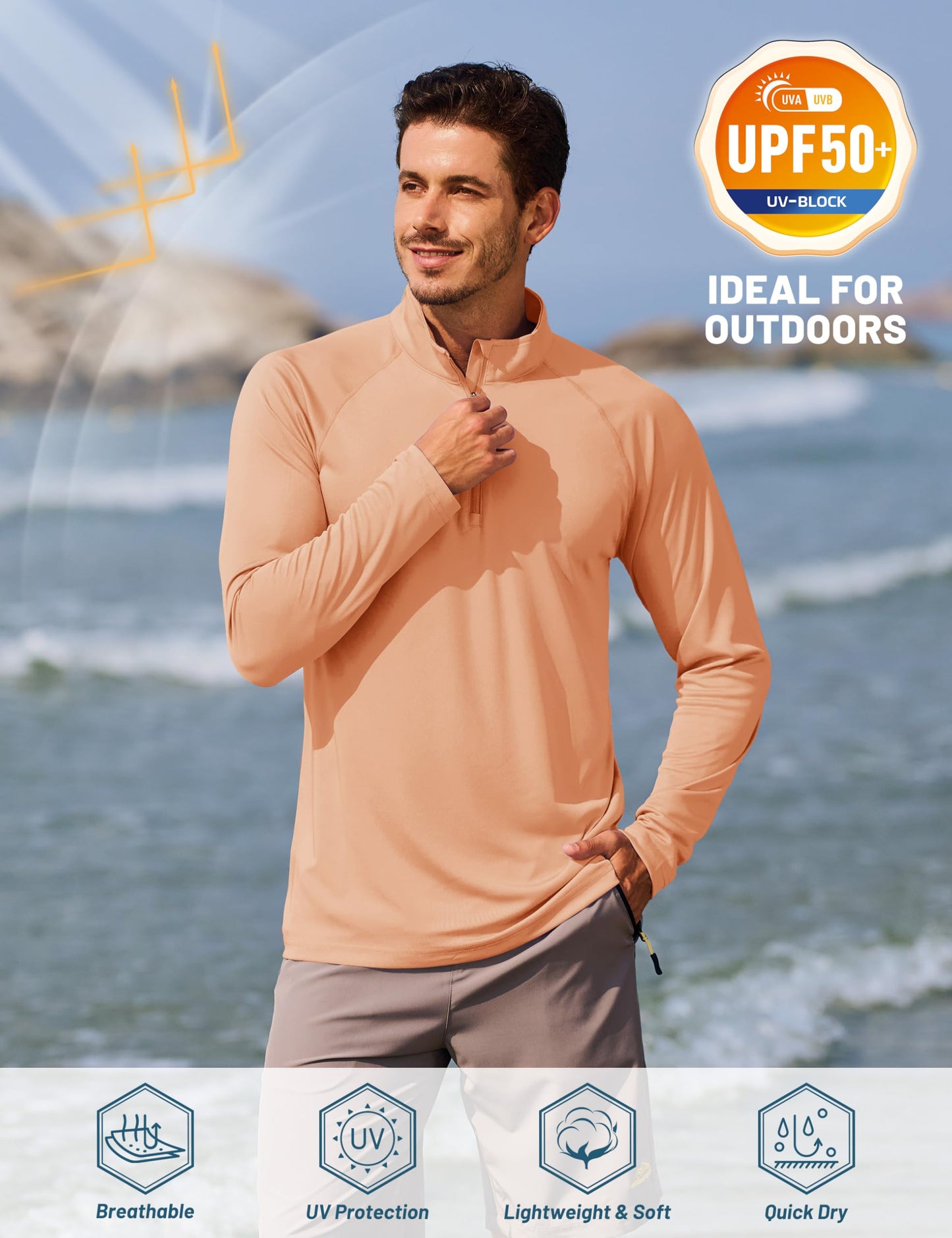 TACVASEN Long Sleeve Rash Guard 1/4 Zip Pullover Mens Workout Beach Shirts for Men UPF 50+ Sun Protection Athletic Shirts Apricot