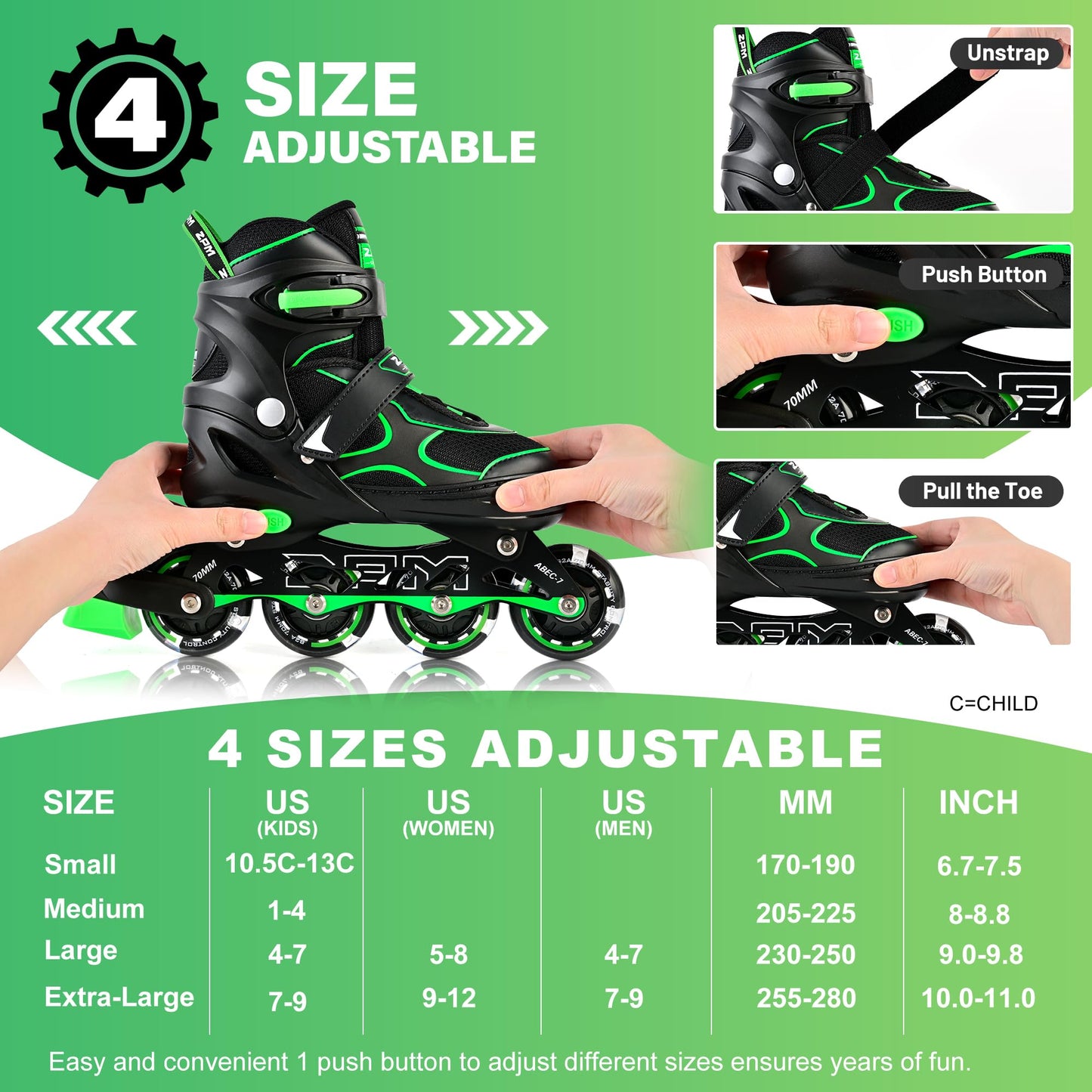 2PM SPORTS Inline Skates for Kids Girls Boys Ages 4-8 8-12 4-7 7-12 10-14 with Light Up Wheels, Adjustable Kids Roller Skates Blades for Adults Men Women Beginners Youths Green, Size Large