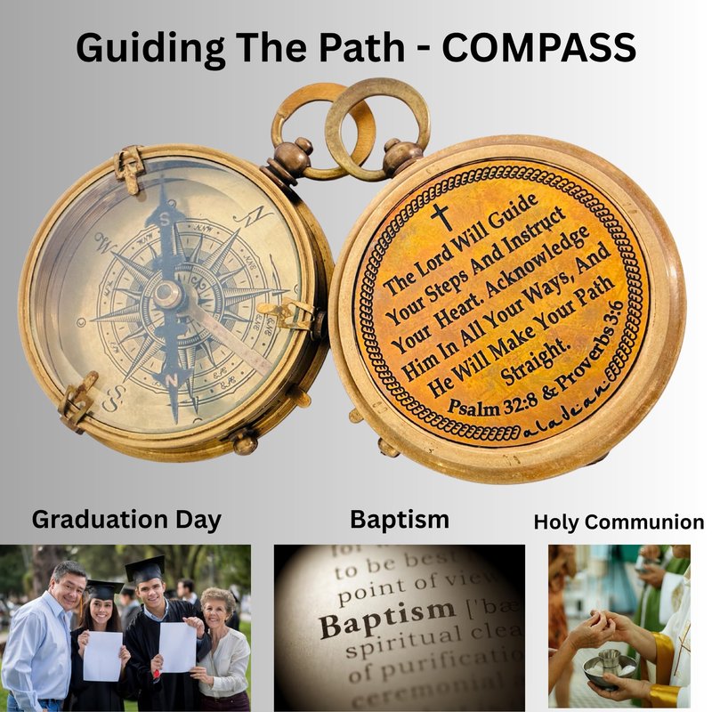 ALADEAN Religious Christian Gift Compass - The Lord Will Guide | Uplifting Baptism Gift - Communion 2025 Graduation 2026 Confirmation Gifts (# 7cm with Premium Leather Case)