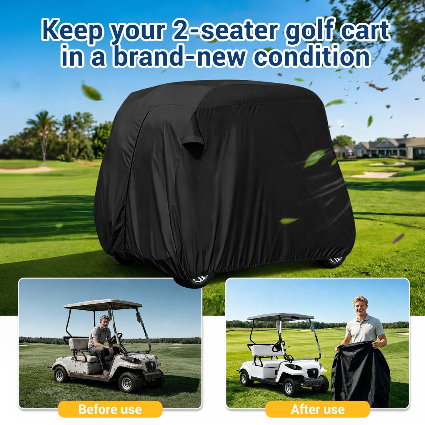 【2022 Upgraded】 2 Passenger Outdoor Golf Cart Cover Compatible with EZ GO, Club Car, Yamaha, Movaland Custom Cart Cover with 300D Material + Extra PVC Coating Waterproof Dust Prevention (Grey)