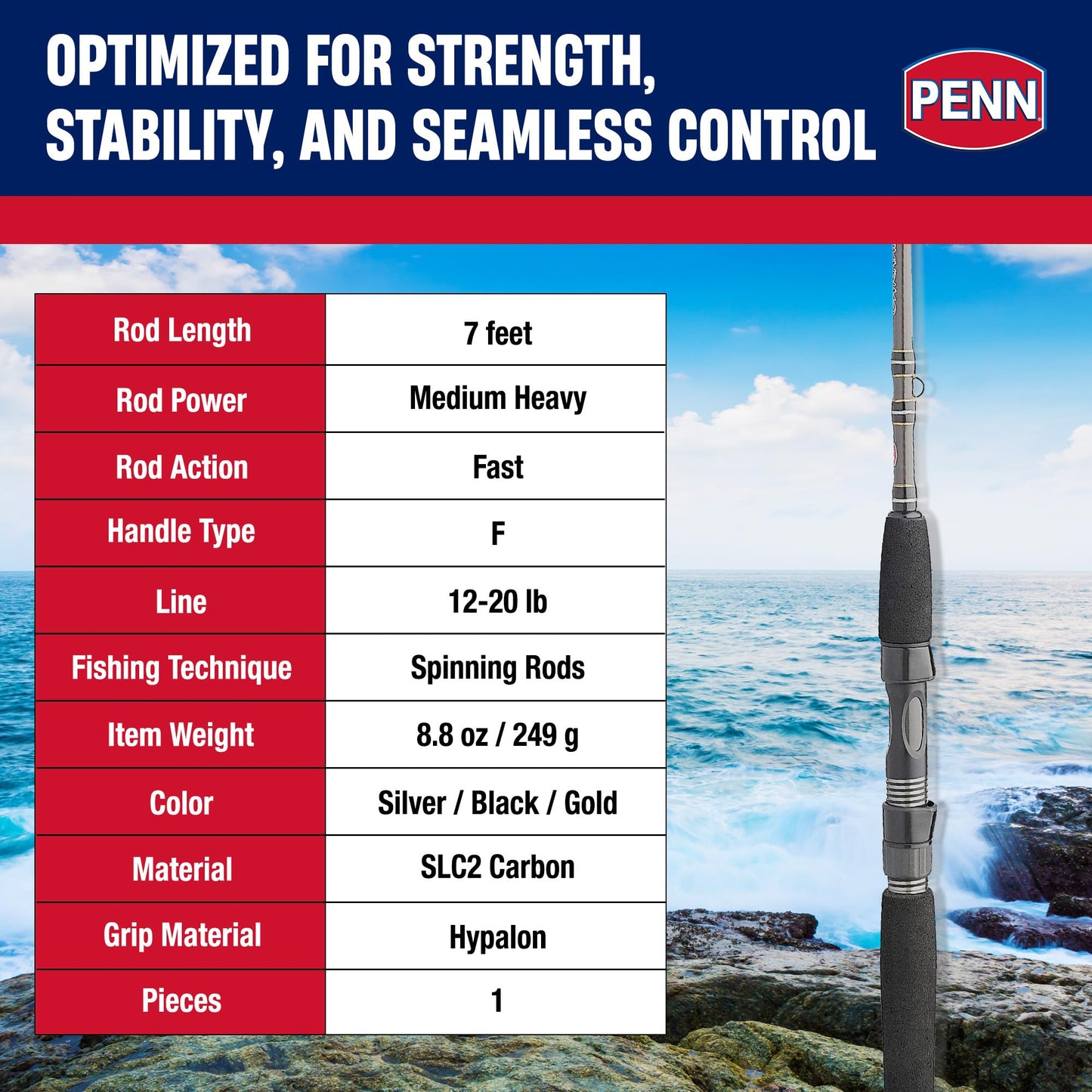 Penn Carnage III Inshore Spinning Fishing Rod, Silver/Black/Gold, 7' - Medium Heavy - 1pc
