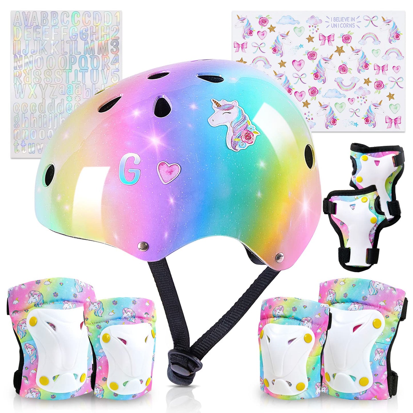 Unicorn Catcher Kids Helmet and Knee Pads Set, Adjustable for Girls Ages 3-8