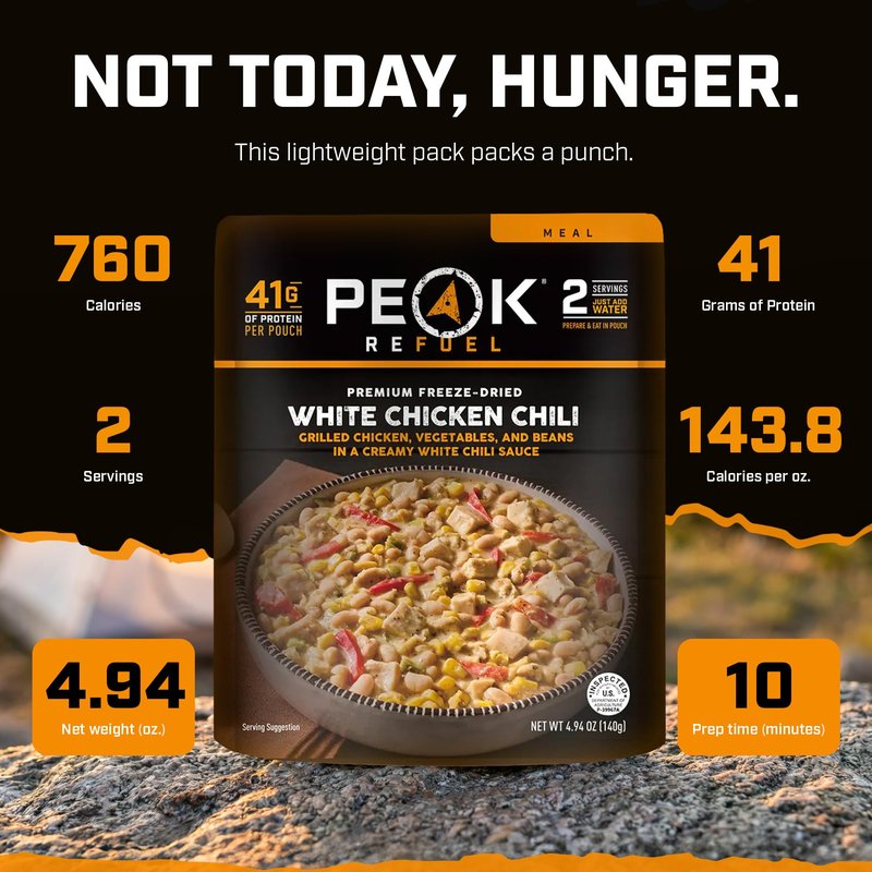 Peak Refuel White Chicken Chili | 41g Protein | 760 Calories | 100% Real Meat | Premium Freeze Dried | Amazing Taste & Quality | Backpacking & Camping & Prepper Food | 2 Servings
