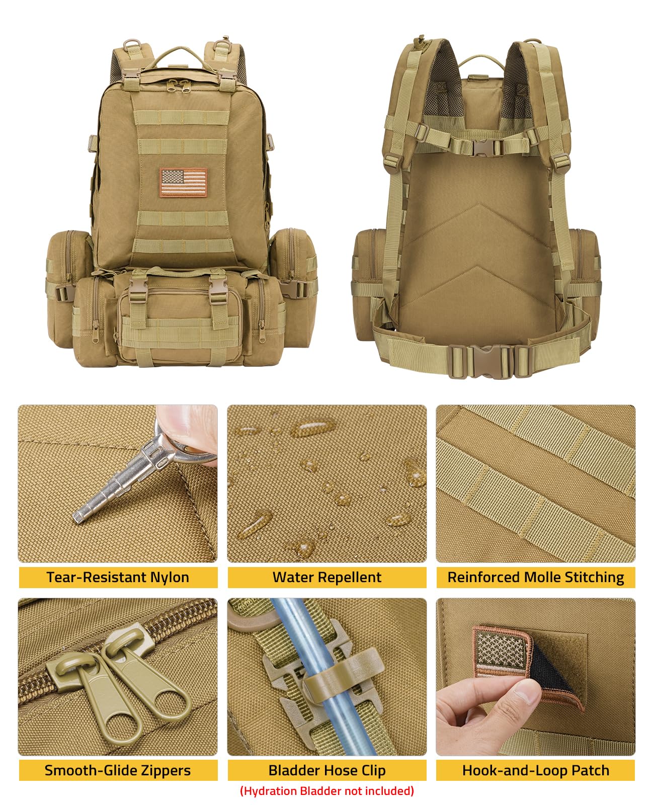CVLIFE Tactical Backpack Military Army Rucksack 60L Large Assault Pack Detachable Molle Bag
