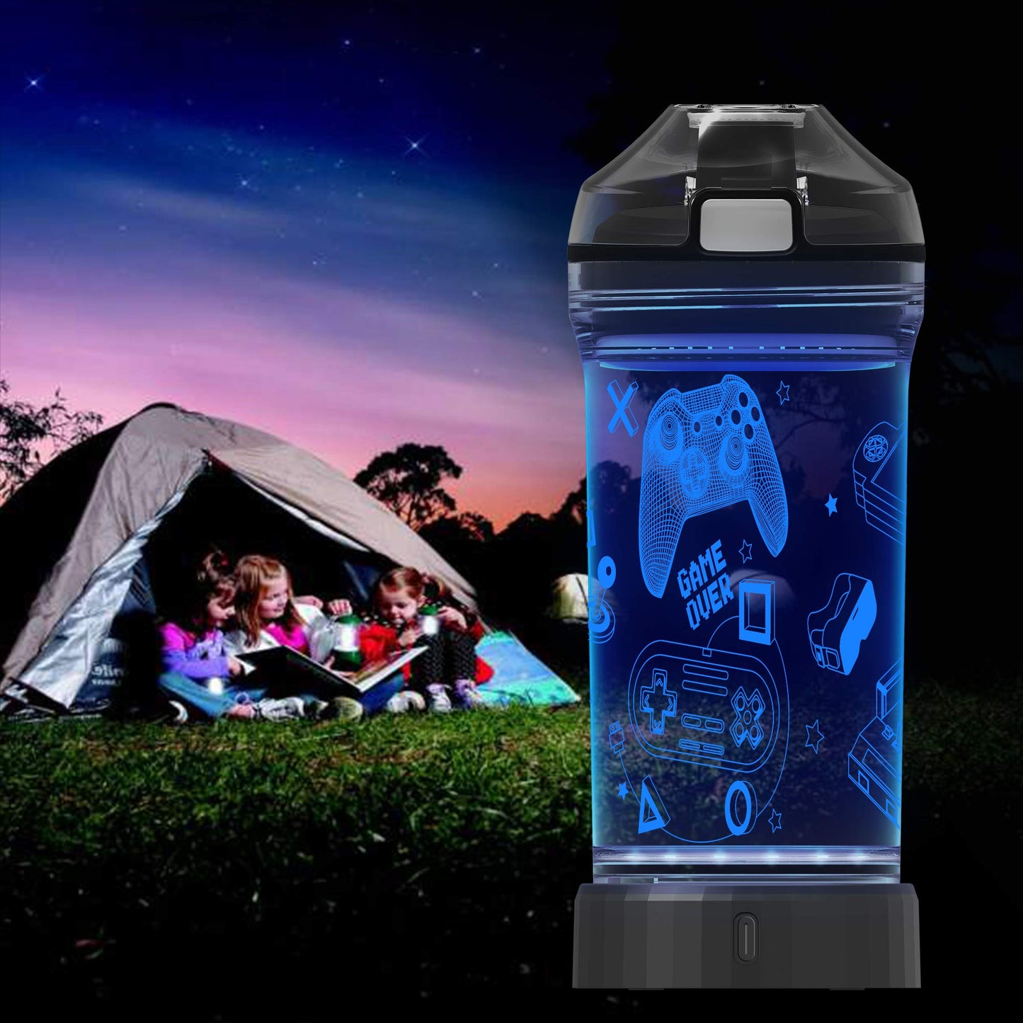 Lightzz Kids Water Bottle with 3D Glowing Game Console LED Light - Tritan BPA Free - Travel Cup Gift for Back to School Girl Boy Child Holiday Camping Picnic - 14 Oz