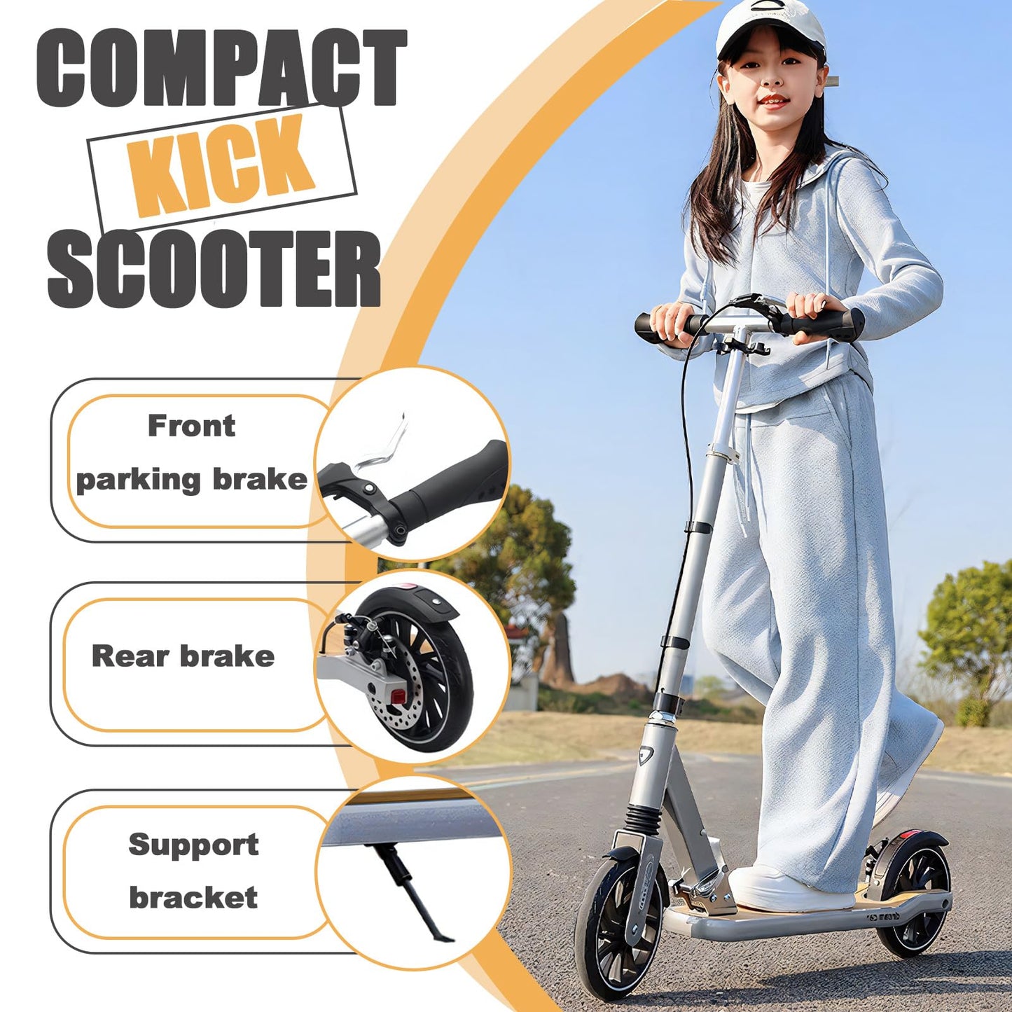 CUIOT Scooter for Kids 8-12, Teens and Adults, Folding Kick Scooter with Adjustable Height, 8IN Big Wheels Scooters W/Anti-Shock Suspension, Up to 300 Lbs, Bearing ABEC9 (Silver)