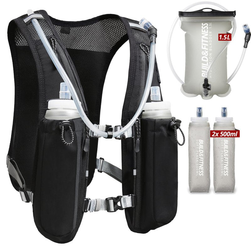 Running Hydration Vest for Women and Men 8 Pocket, Black Vest with 1.5L Bladder + 2X 500ml Soft Flasks Quick Dry, Water-Resistant, Breathable, Adjustable Backpack for Runs, Hiking, Cycling, Marathons