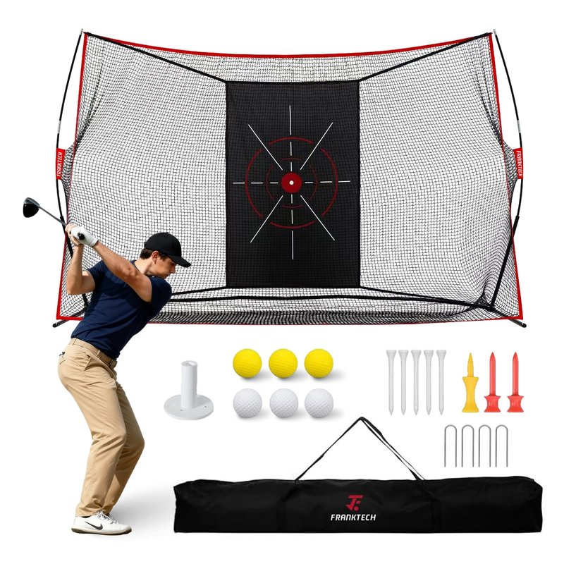 FRANKTECH Golf Net, 10x7ft Heavy Duty Practice Hitting Net for Indoor & Outdoor Backyard Driving, Includes Target, Carry Bag, Balls, Ideal Golf Gifts for Men, Dad, Him