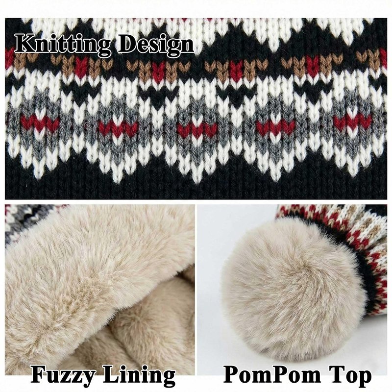 Kejea Knit Beanie Hat Winter Ear Flaps Women Black Ushanka Trapper Hats Skull Ski Cap Men (US, Numeric, 6 3/4, 7 1/2, Black)