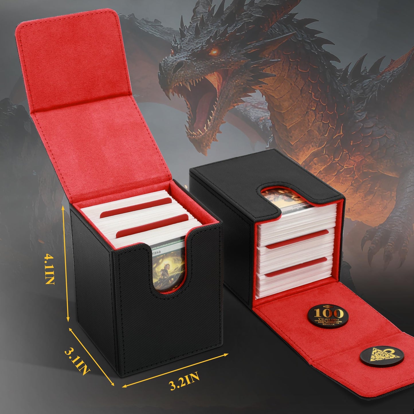 UAONO Card Deck Box for Yugioh MTG Cards, 100+ Deck Case with 2 Dividers Fits TCG CCG, PU Leather Card Storage Box Compatible with Collectible Trading Cards (Black&Red, Extinction Dragon)