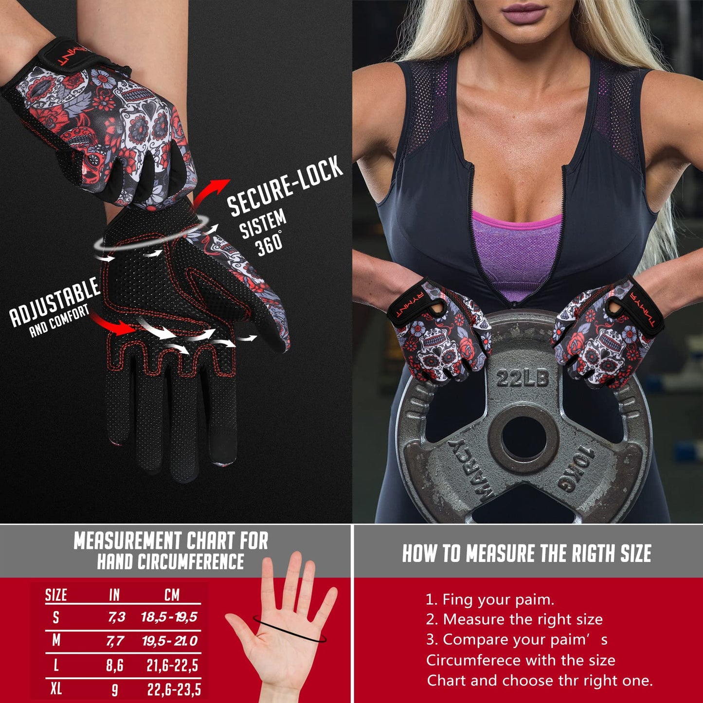 ZEROFIRE Workout Gloves for Women Men Full Finger- Weight Lifting Gloves with Full Palm Protection & Extra Grip for Women Gym, Weightlifting, Weight Lift, Rowing, Exercise, Sport, Cycling.Skull-Small