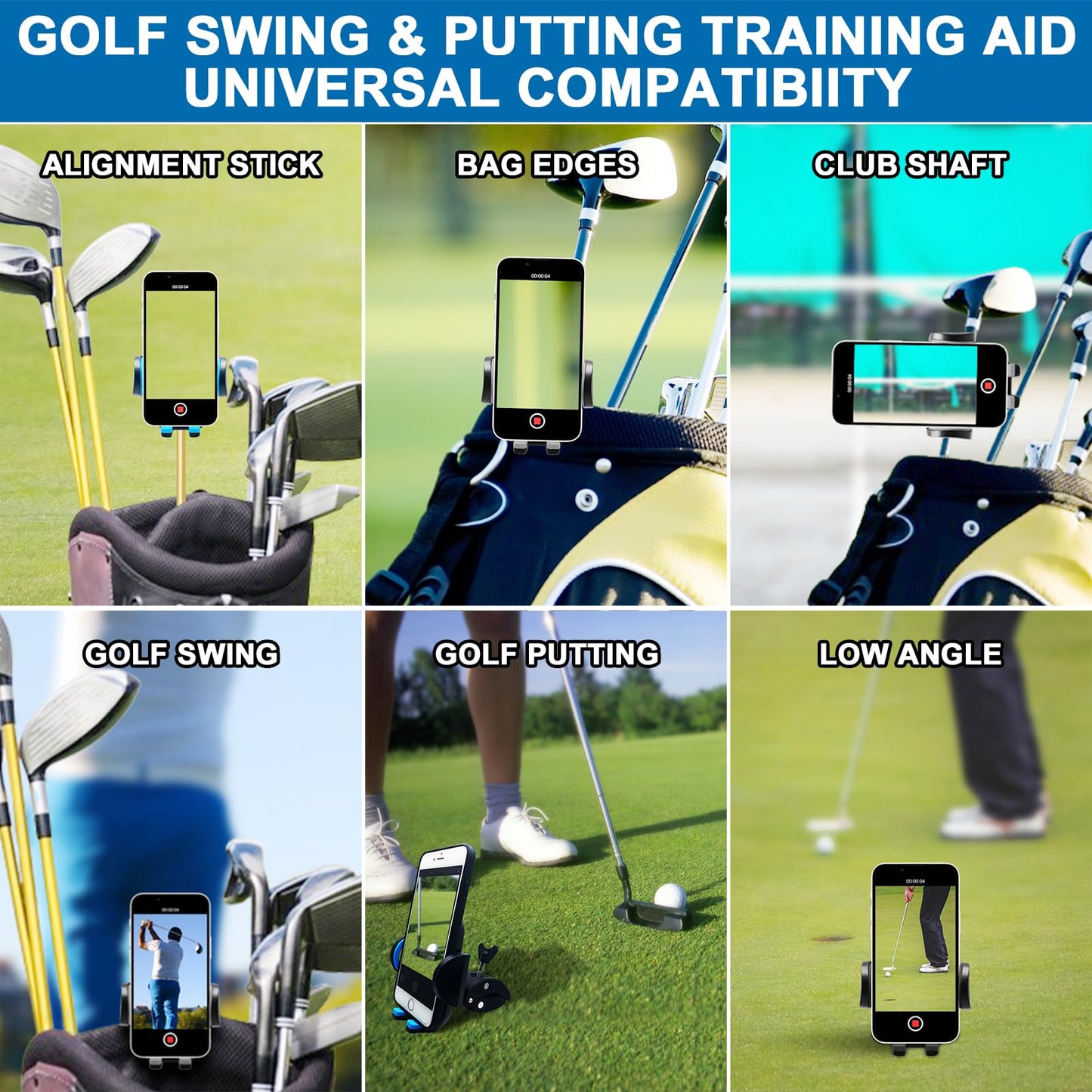 ONHAWKS-Golf Cart Cell Phone Holder Record Swing and Putting Accessories| Selfie Putter Training Aid Works with Any Golf Bag, Club and Alignment Sticks