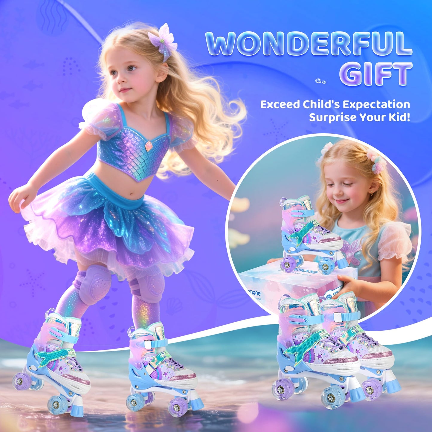NEMONE Mermaid 4 Size Adjustable Light up Roller Skates for Girls, Blue Purple Skates for Toddlers, Beginner Kids Roller Skates Indoor Outdoor (Blue M)