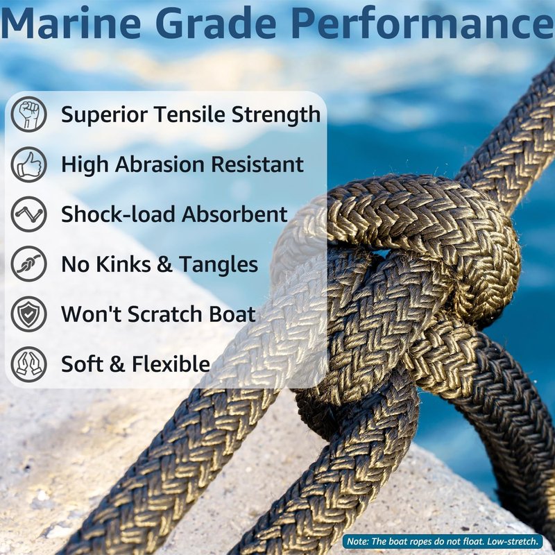 Boat Dock Lines - 5/8" x 15' Marine-Grade Double Braided Nylon Dock Rope | Fray Resistant, Easy Handling - 2 Pack, Black