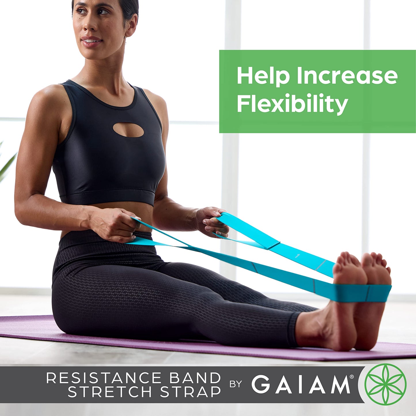 Gaiam Restore Stretch Band Strap - Elastic Stretching Strap with Loops for Medium Resistance Stretch Assist on Leg, Hamstring, Exercise/Fitness/Workout, Physical Therapy Green,Teal