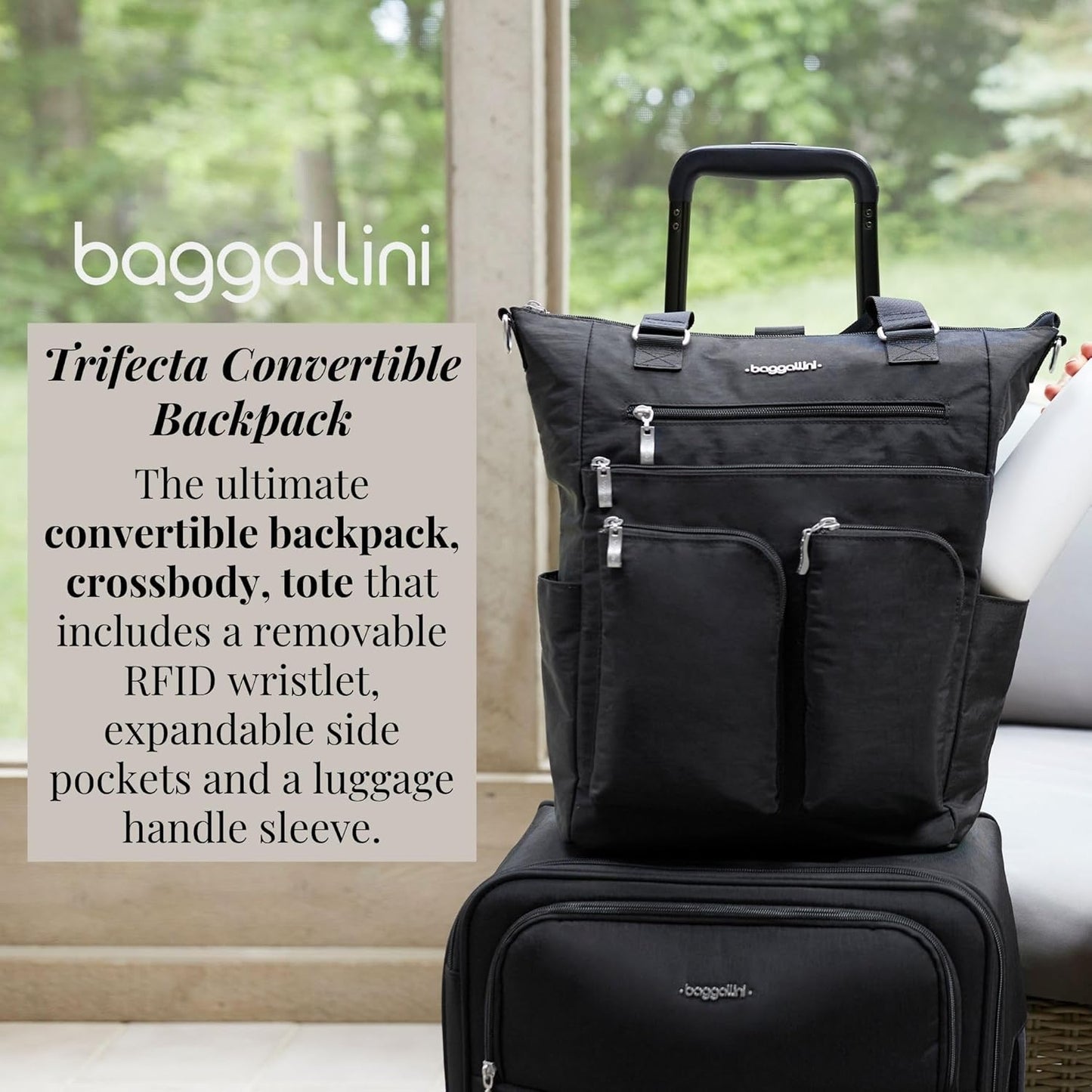 Baggallini Tote Backpack - 3-in-1 Lightweight Travel Bag with RFID Phone Wristlet | 15"x10.5"