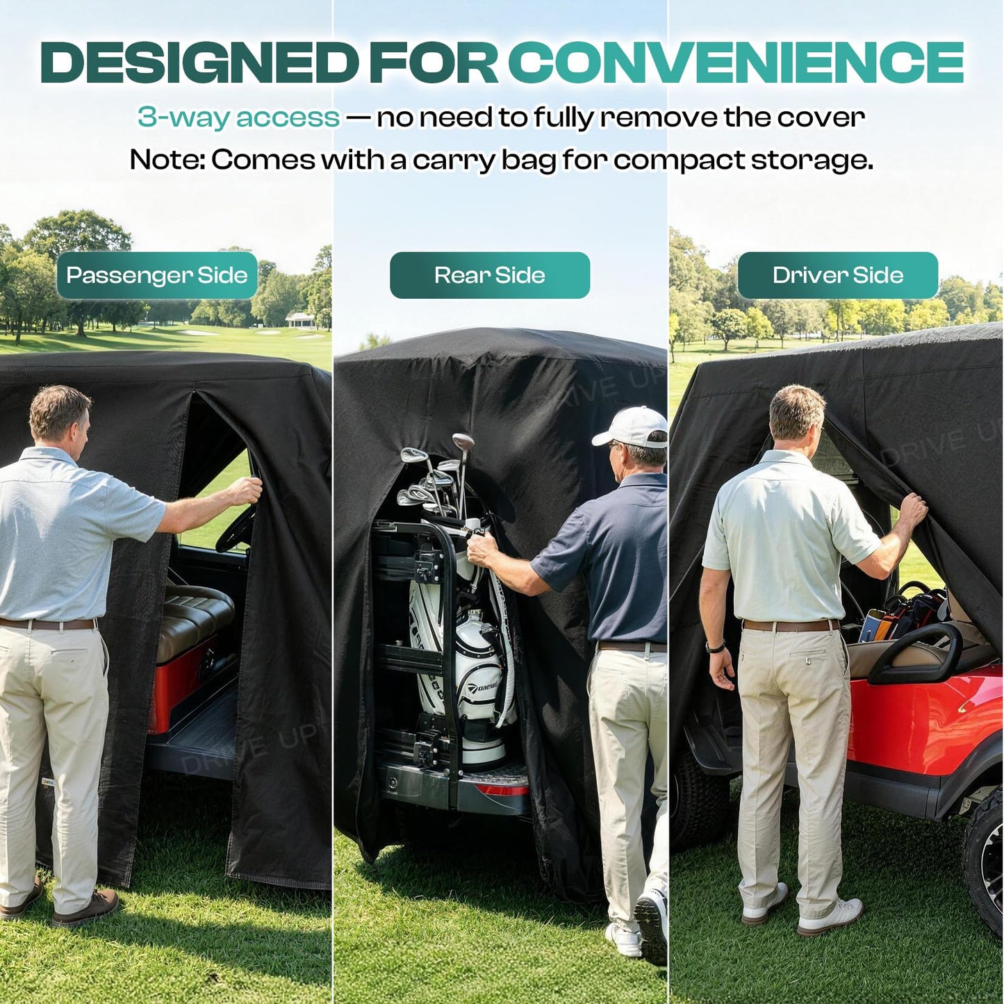DRIVE UP Golf Cart Cover 2+2/4 Passenger, 420D Heavy Duty Oxford Golf Cart Cover with Three Zipper Doors and Windproof Adjustment Buckle, Waterproof Golf Cart Rain Cover for Most Yamaha EZGO Club Car