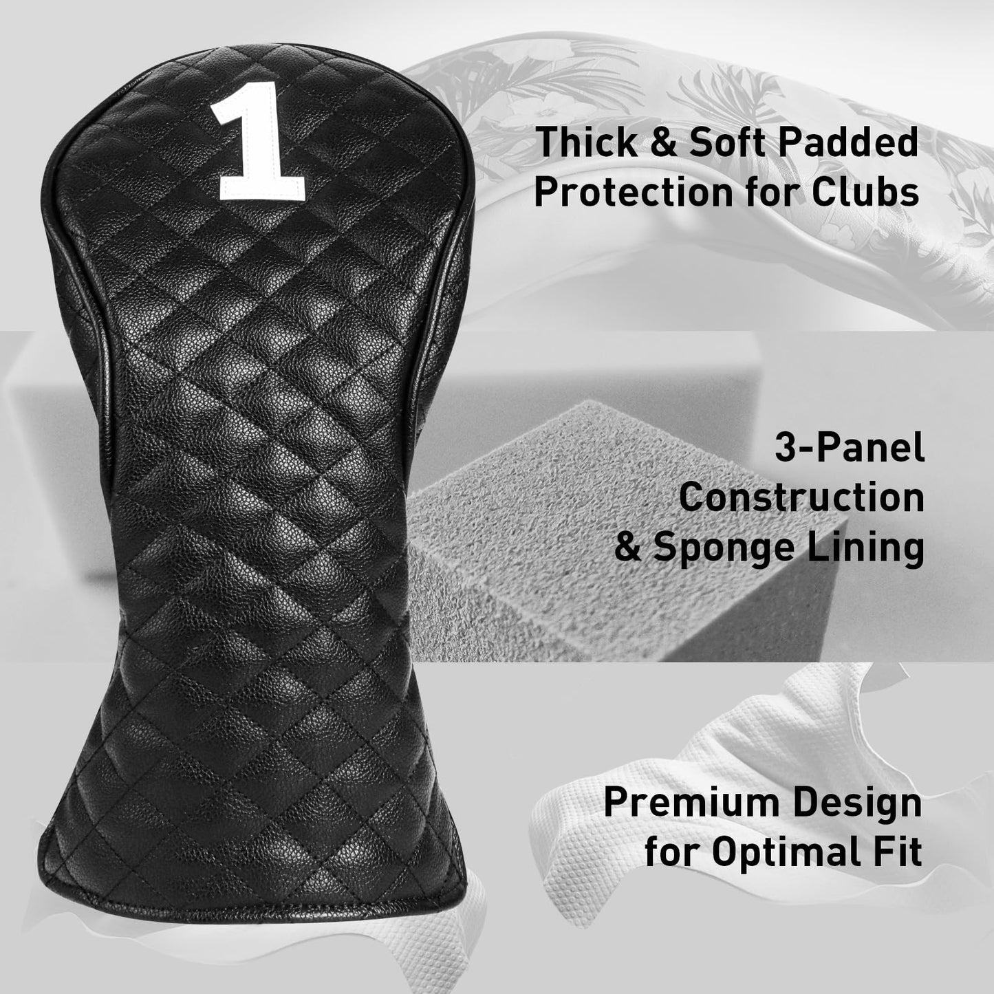 FINGER TEN Golf Club Head Covers for Woods Driver Fairway Hybrid with Interchangeable Number Tag 1 3 5 Premium Leather Headcovers for Women Men (Black, D+F+H)