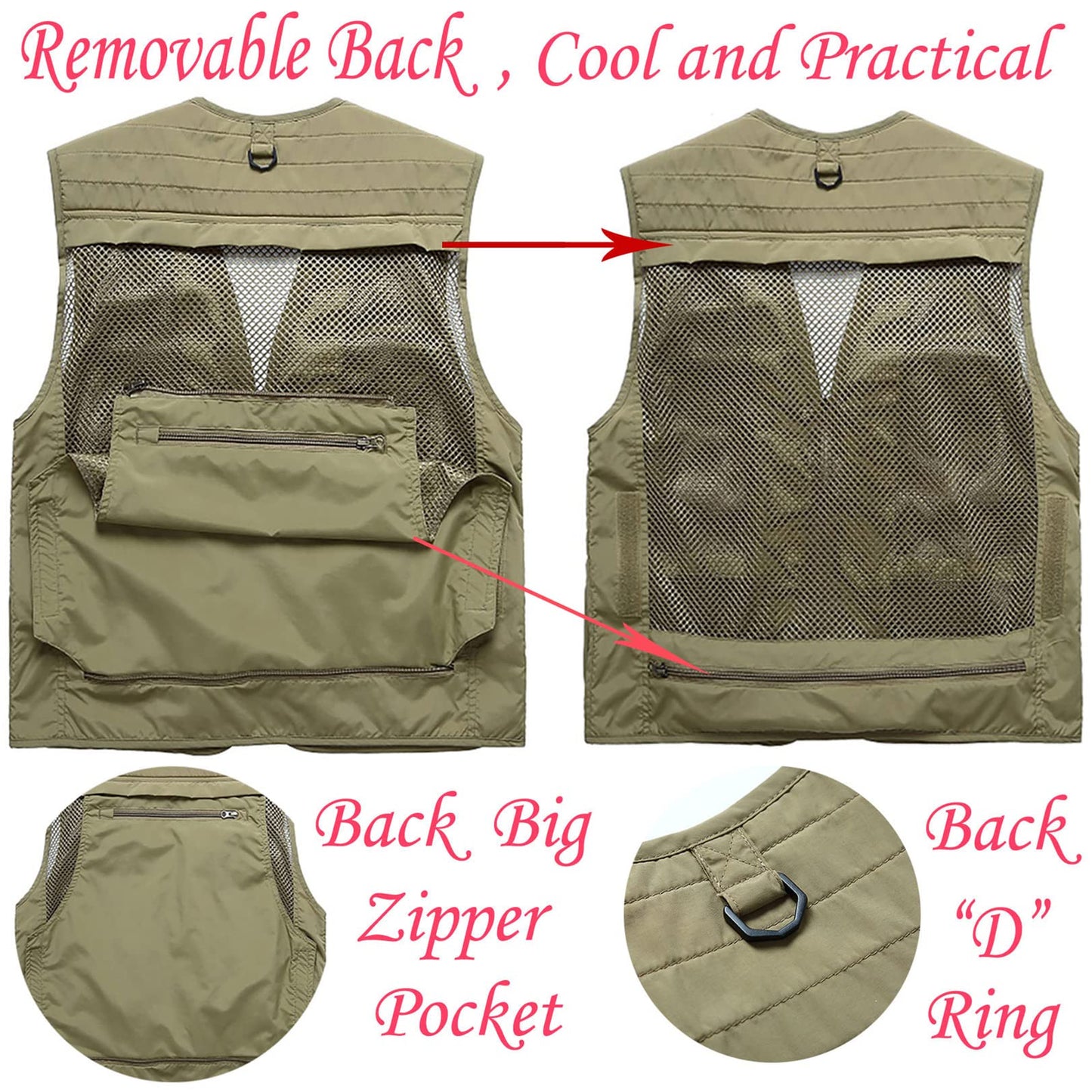 Flygo Men's Casual Lightweight Outdoor Fishing Work Safari Travel Photo Cargo Vest Jacket Multi Pockets(Large, Army Green)
