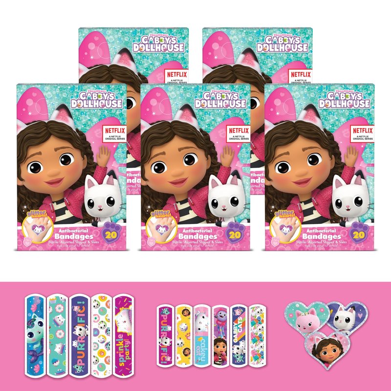 Gabby's Dollhouse Bandages, 3 Assorted Sizes 100 CT | Wear Like Stickers, Flexible Adhesive Bandages for Minor Cuts, Scrapes, and Burns, Great Gift Idea for Kids