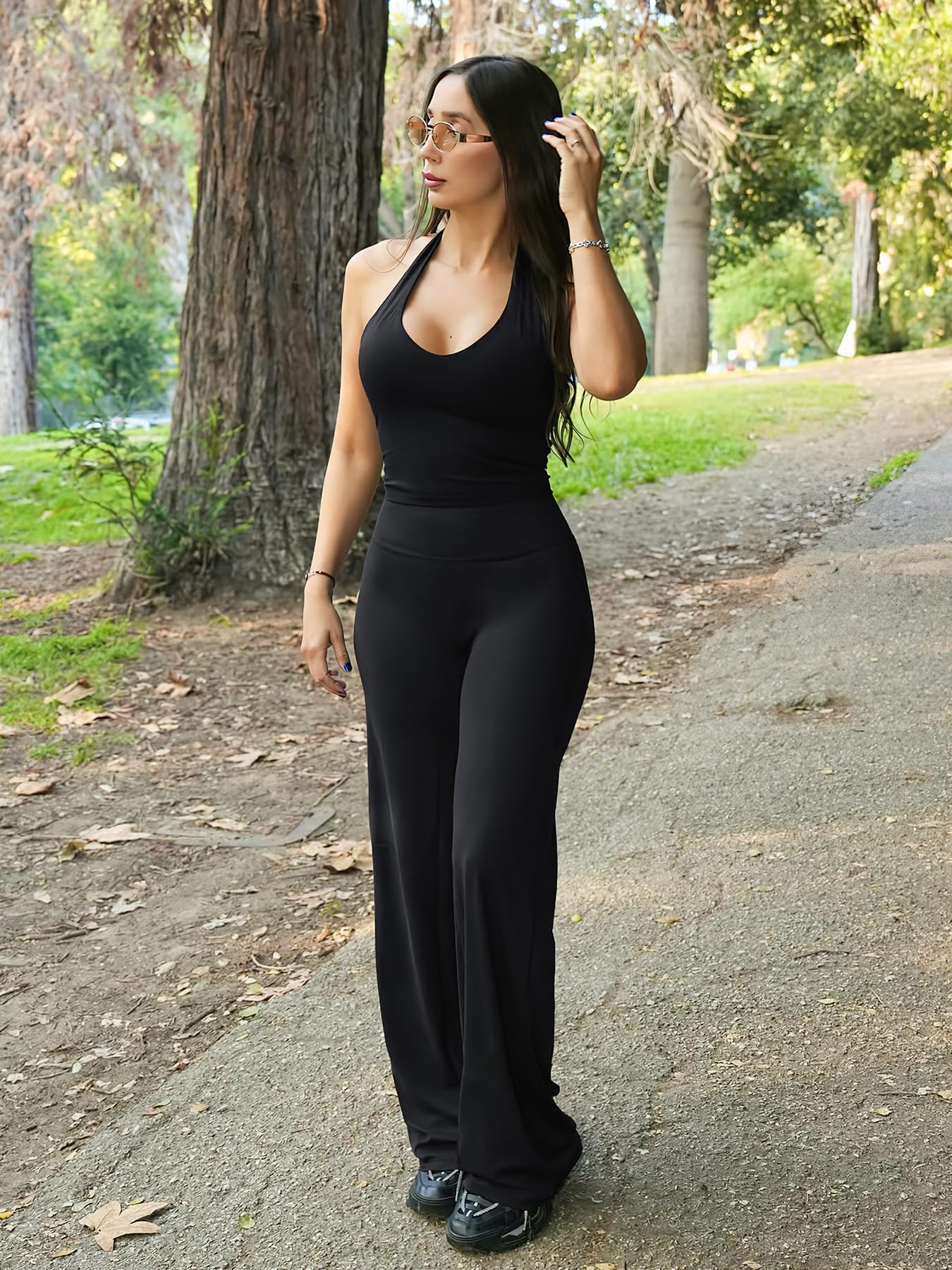 YEOREO Workout Womens Straight Leggings 33" Thin Fleece Yoga Pants Black L