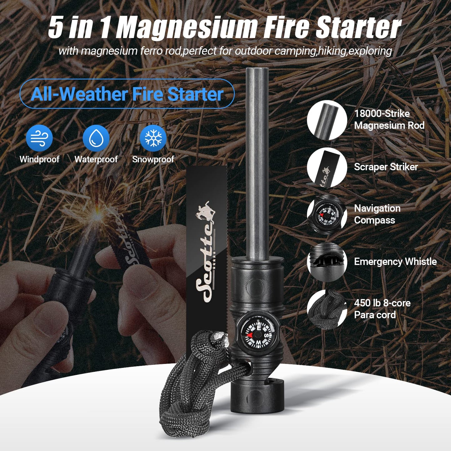 Scotte Plasma Windproof arc Lighter Electric Lighter and LED Flashlight - 2 in 1 (Black)/5-in-1 Magnesium Fire Starter for Emergency Survival Kits, Camping, Hiking, All-Weather Magnesium Ferro Rod