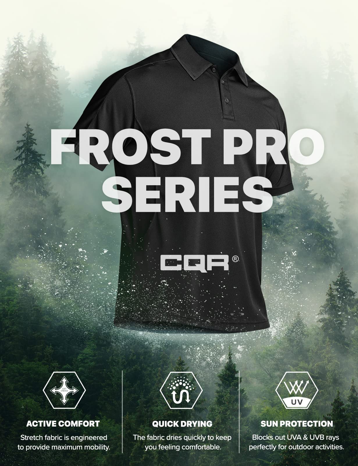 CQR Men's Quick Dry Tactical Polo Shirt, Lightweight Breathable Performance Polo, Short Sleeve UPF 50+ Outdoor Golf Shirt, Frost Pro Black, Large