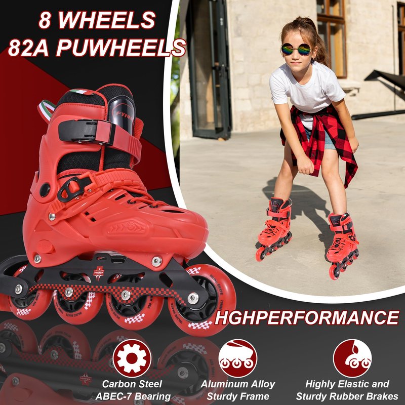 FYHART Adjustable Kids Inline Skates for Girls Boys with 8 Wheels, Kids Inline Roller Skates Blades for Youth Children Beginners Big Kids for Indoor Outdoor Playing (Red & Black, Large)