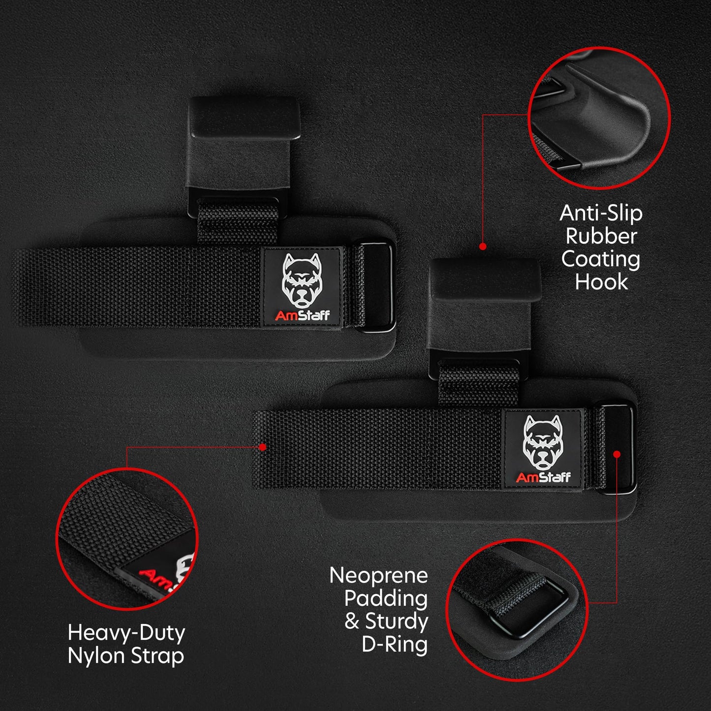 AmStaff Fitness Weight Lifting Hooks (Pair) - Gym Wrist Straps with Steel Hooks for Weightlifting, Pull-Ups, Deadlifts, Strength Training, and Fitness Workouts - Adjustable Neoprene Wrist Support