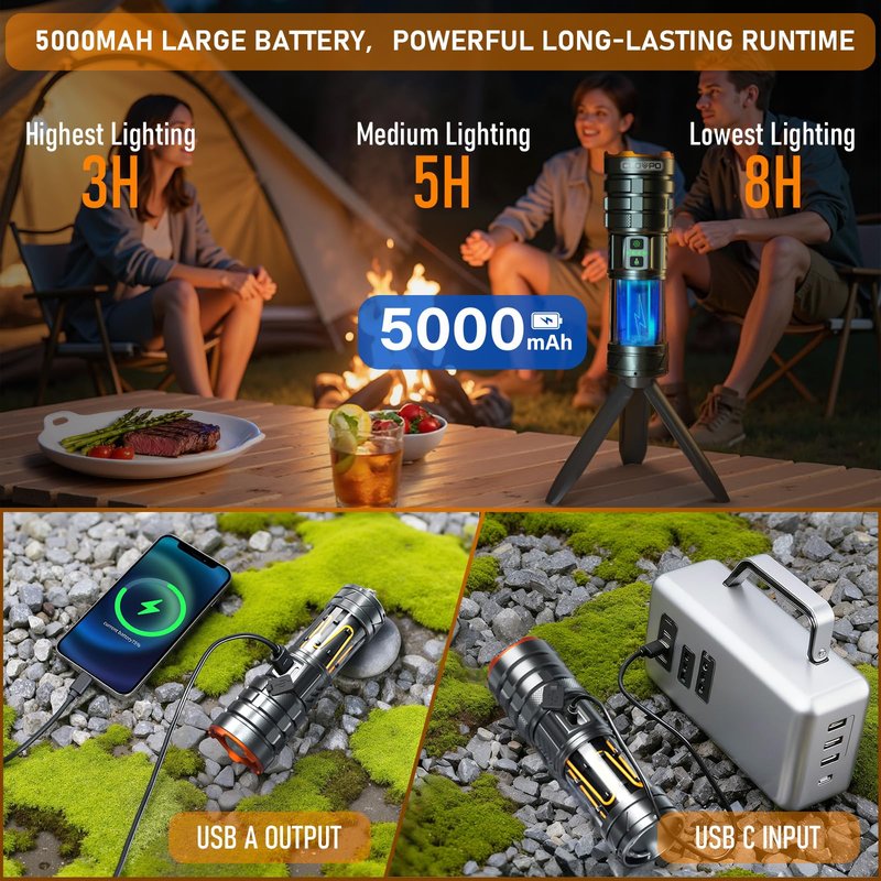 CLOVPO Rechargeable Flashlight 11 Modes Tactical Camping Flashlight with Red-Blue Emergency Lights, 10000 Lumens 3 in 1 Portable Camp Light with Stand, Bright LED Flashlight for Outdoor Activity
