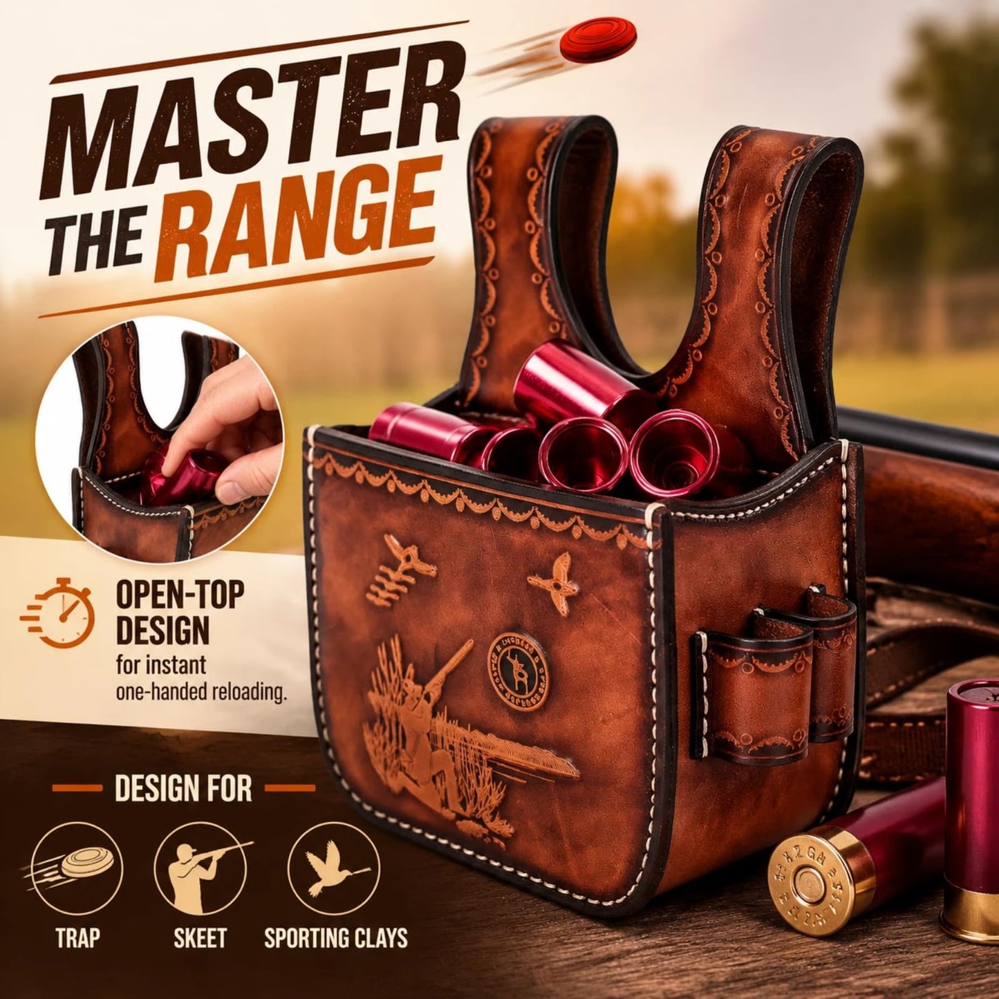TOURBON Leather Shotgun Shell Pouch for Clay, Trap and Skeet Shooting