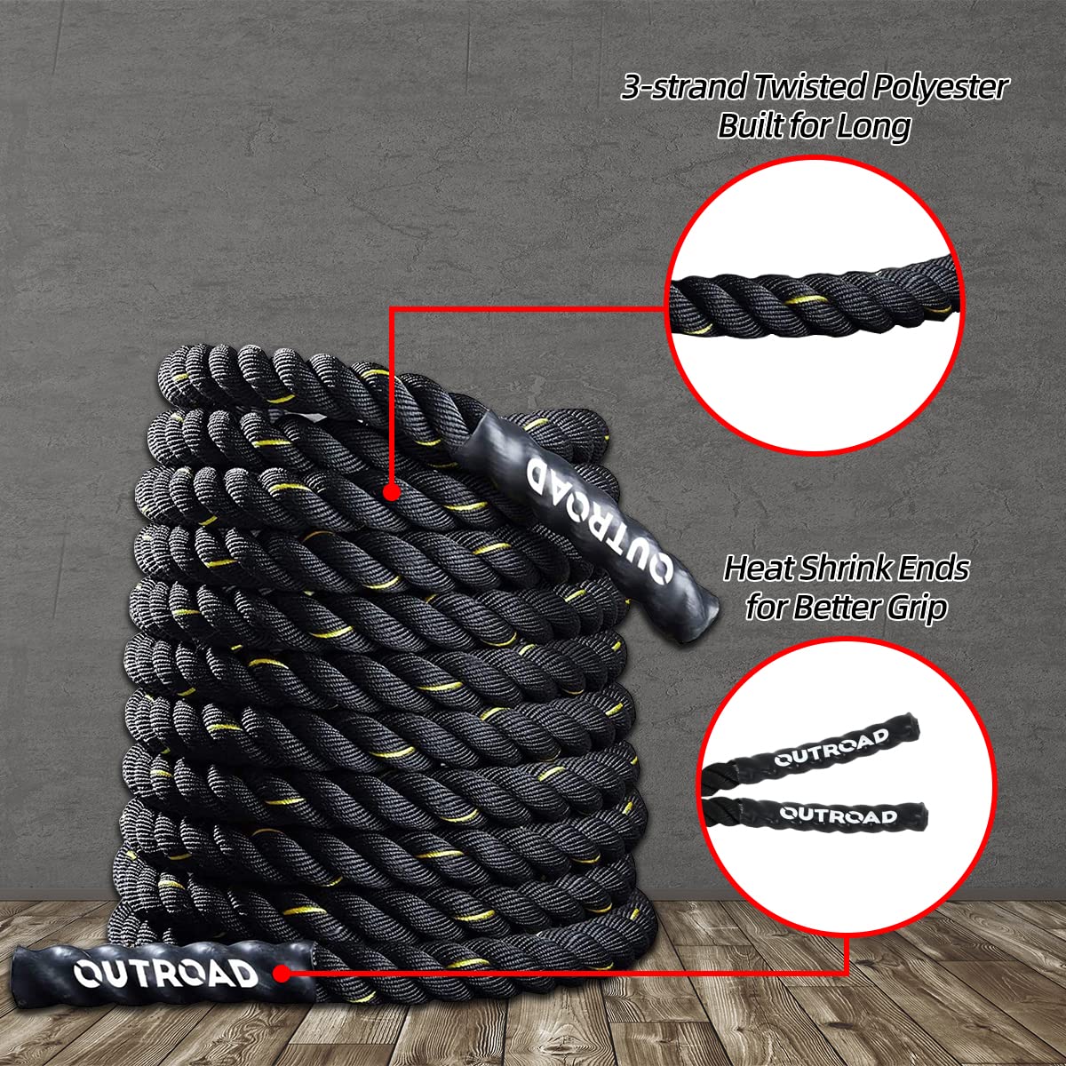 Outroad Battle Rope, 1.5" Diameter 30ft Poly Dacron Workout Exercise Training Heavy Rope, Workout Equipment for Crossfit Training Home Gym & Fitness Exercises, Black and Pattern