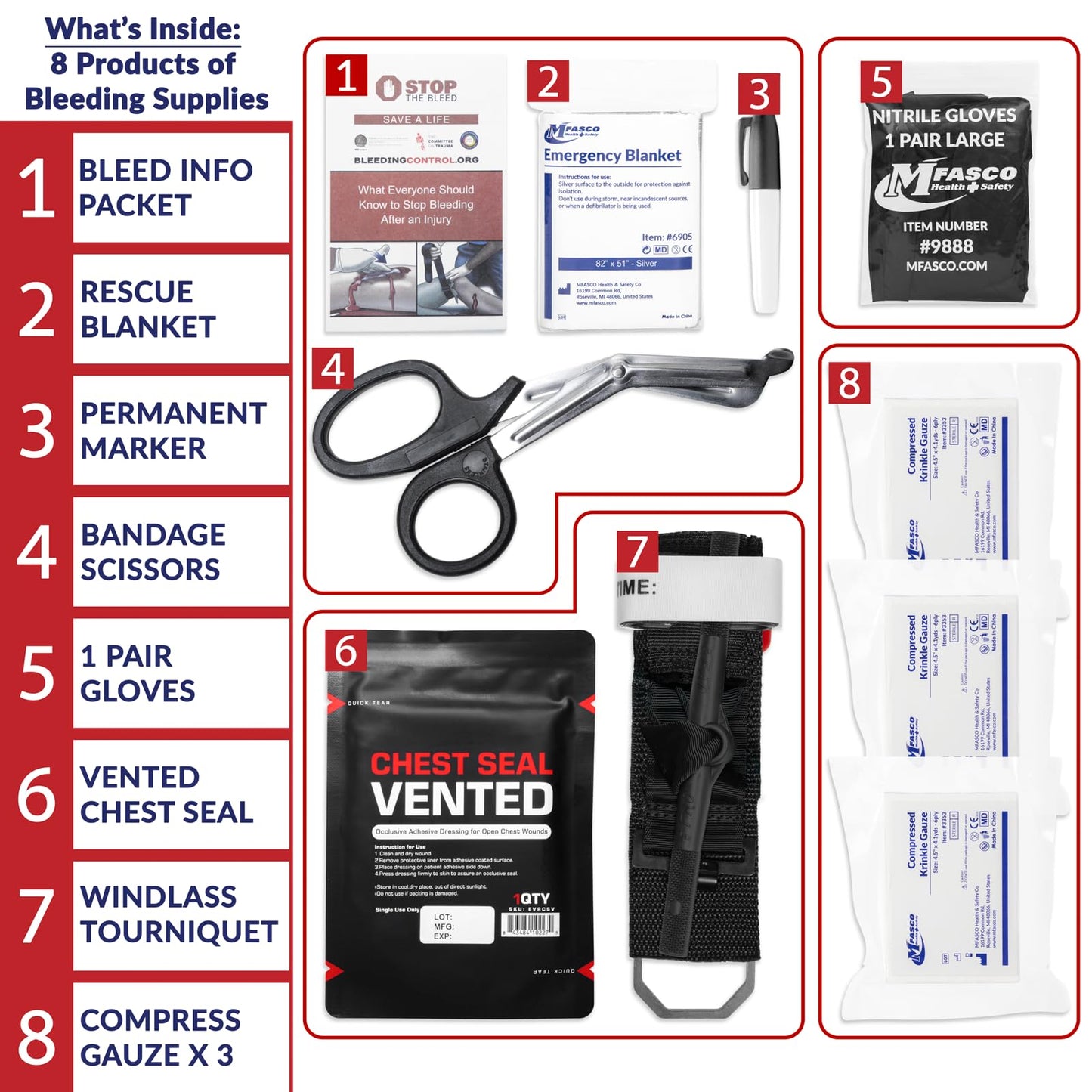 MFASCO 10-Piece Stop The Bleed - Bleeding Control Kit, Tourniquet, Compressed Gauze, Chest Seal, Portable, Easy-to-Open Packaging, Packed in A Plastic Kit That Can Be Mounted or Carried