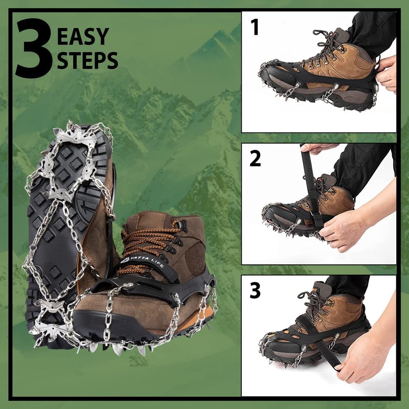 Yatta Life Trail Spikes Crampons Ice Grips for Hiking - Winter Shoes/Boots with 14 Stainless Steel Spikes, Anti-Slip Traction Cleats for Snow Ice Walking Climbing Mountaineering (Black, XL)