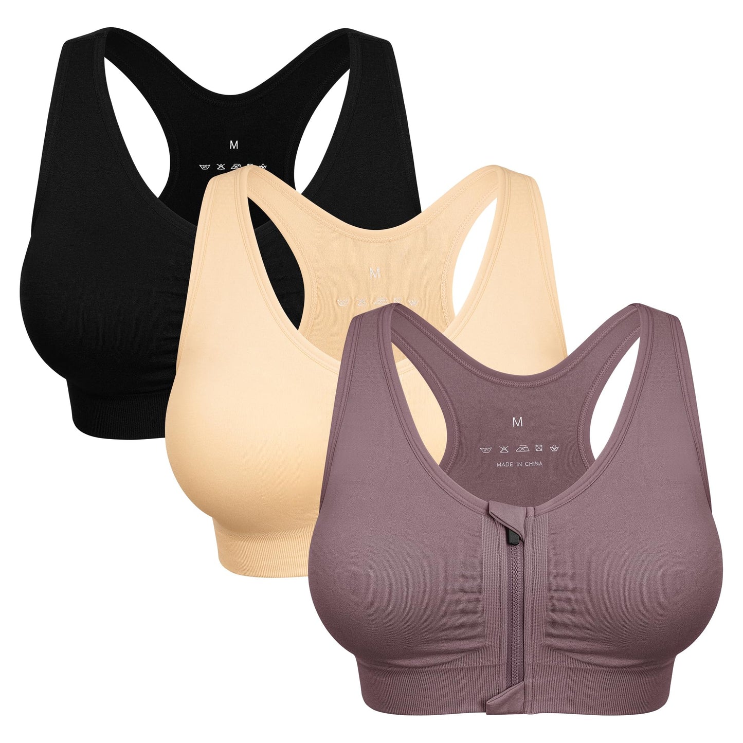 Women's Zip Front Sports Bra Wireless Post-Surgery Bra Racerback Yoga Sports Bras Post Breast Augmentation Bras Workout Running Compression Bras 3 Pack (X-Large, 3 Pack(Black+Flesh+Light Purple))