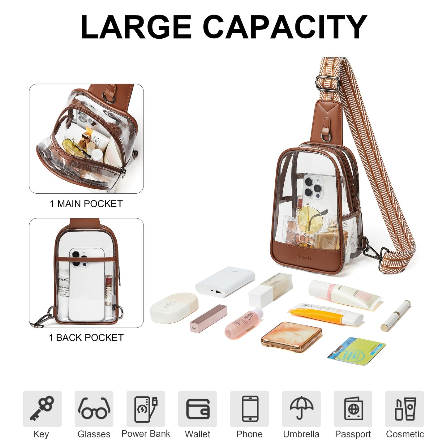 Shrrie Clear Bag Stadium Approved Clear Crossbody Sling Bag for Women Men Stadium Events Clear Purses for Concert Brown