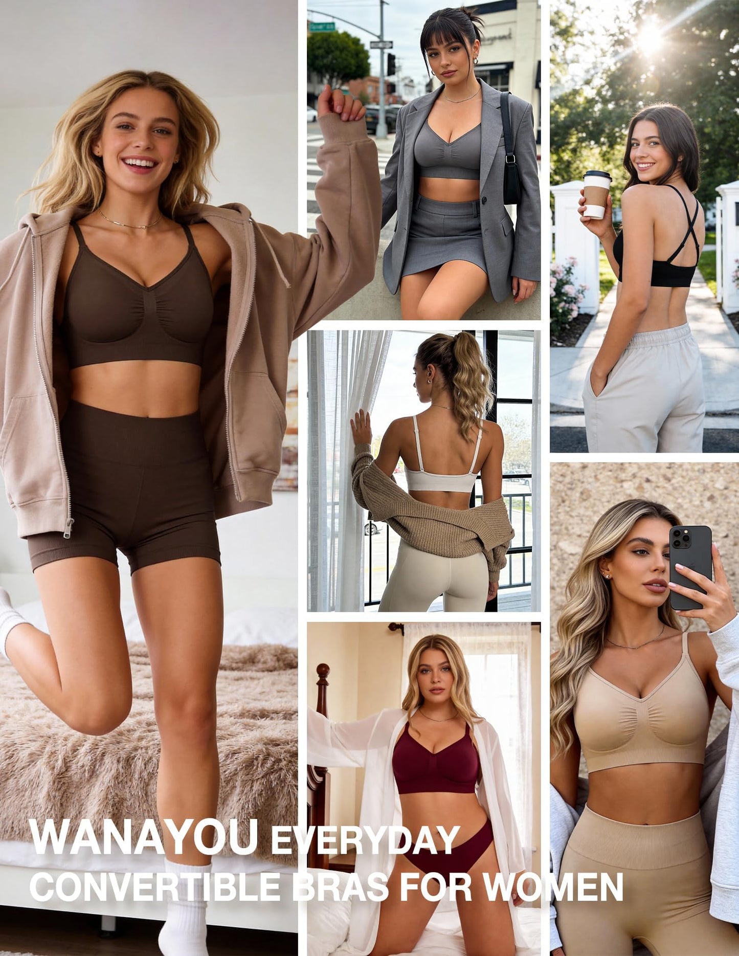 WANAYOU Bras for Women Bralettes for Women with Support Wireless Bras Compfortable No Underwire Push Up Padded Bra Seamless Soft Lift Everyday Bra V Neck Ajustable Straps T Shirt Bra 3 Pack