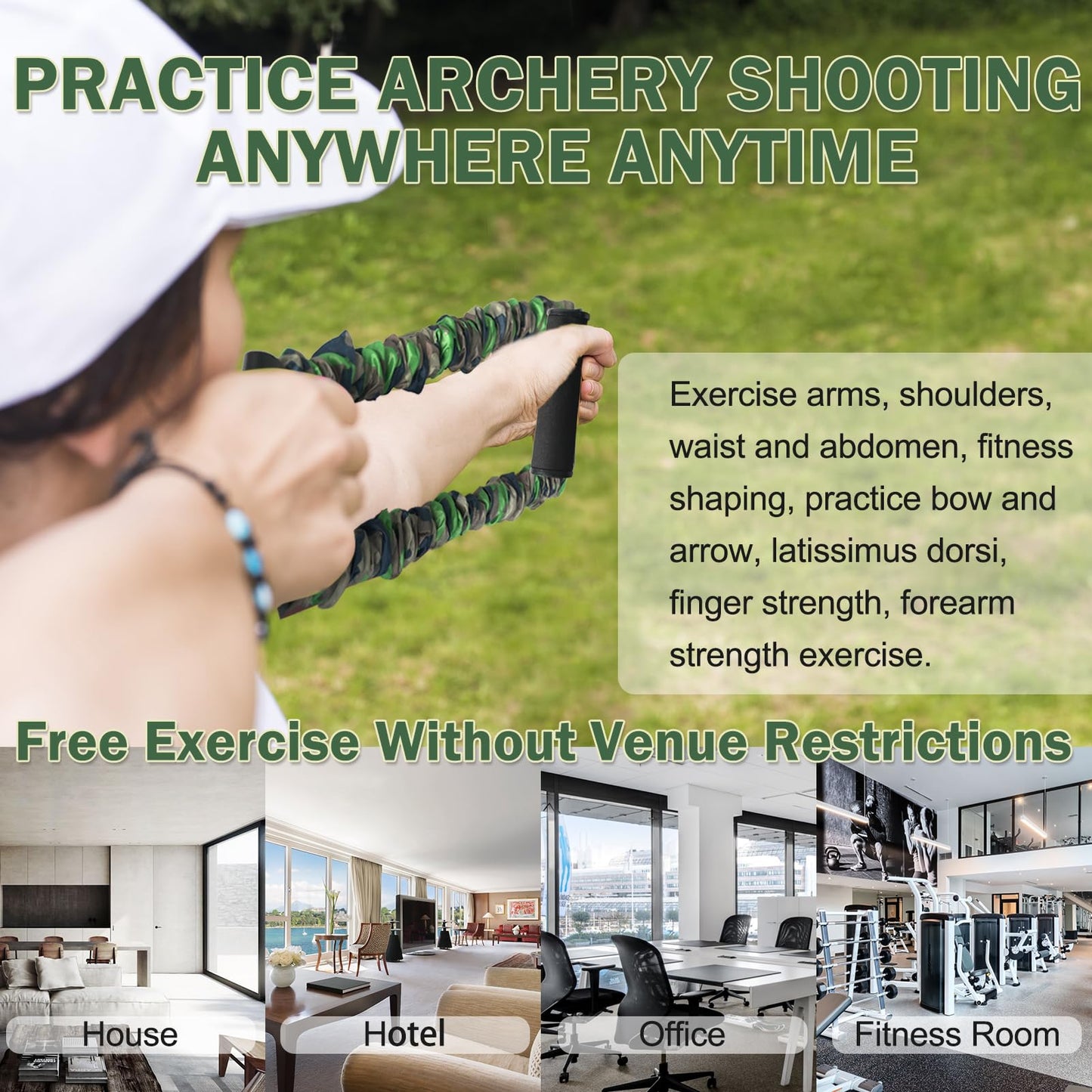Archery Bow Trainer, 25 45 55 Lbs Archery Band Draw Exerciser Training, Rubber Strength Bands for Recurve Bow Compound Bow Shooting Beginner Experts (Green Camouflage - 45LBs for Intermediate)