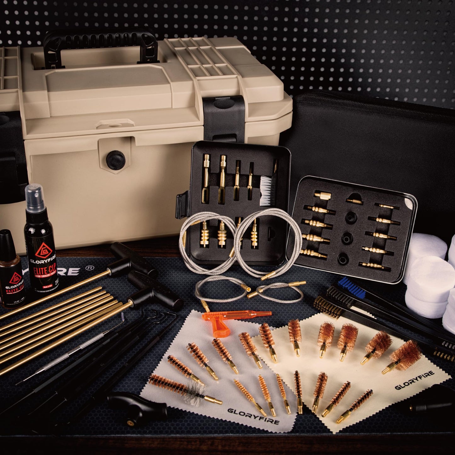 GLORYFIRE Deluxe Universal Gun Cleaning Kit - Highly Effective Cleaning Solutions for Hunting and Shooting - Compact (Coyote)