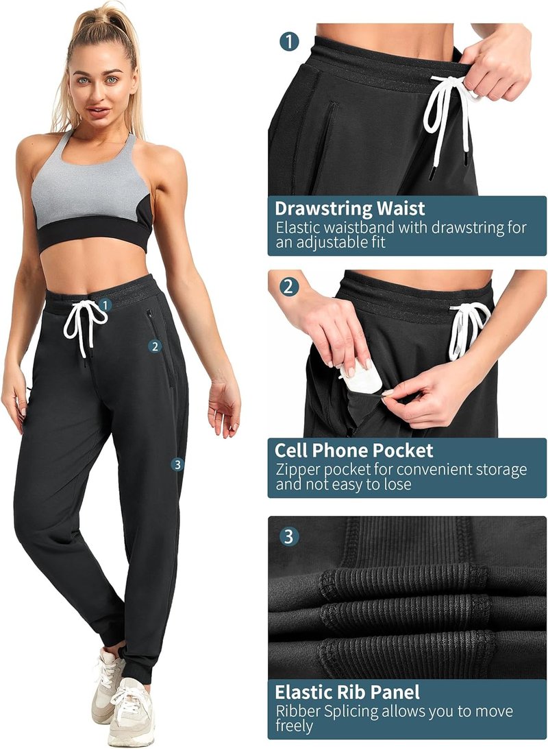 PULI Women's Cotton Jogger Sweatpants - Ribbed Lounge Pants with Zipper Pocket
