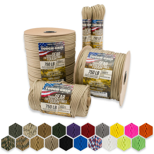 TOUGH-GRID 750lb Paracord/Parachute Cord - 100% Nylon Mil-Spec Type IV Paracord Used by The US Military, Great for Bracelets and Lanyards, 50Ft. - Buckskin (Desert Sand)