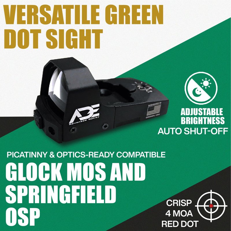ADE Advanced Optics RD3-006B-1 Green Dot Reflex Sight – 3 MOA, Motion Awake, Picatinny Mount – Compact Optic for Pistol and Handgun Use – Doctor/Venom/Fastfire Footprint – Fits Glock SDVE Slides